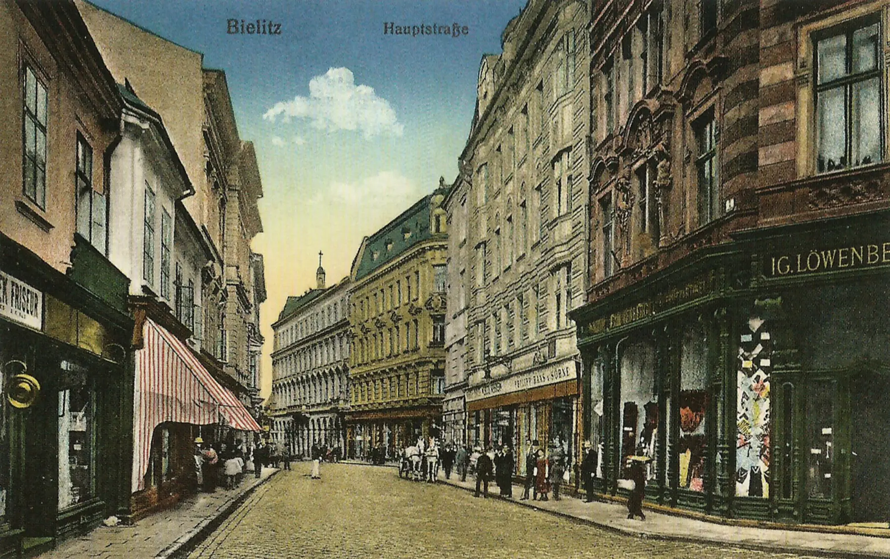 Hauptstrasse około 1915 roku z witryną IG. Löwenberg